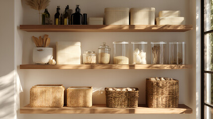 Pantry storage with woven baskets and glass containers organized on wooden shelves in natural sunlight.