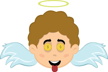 vector illustration face angel character cartoon, with an ambitious expression, coins in his eyes and his tongue sticking out
