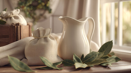A rustic scene: cream pitcher, burlap sacks, and bay leaves on a wooden surface, bathed in soft sunlight.