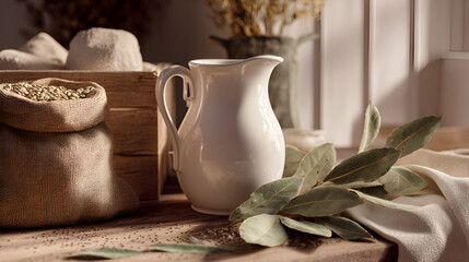 Still life of a white pitcher and linen cloth on a wooden surface with burlap sacks in the background.