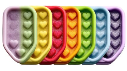 Colorful Heart-Shaped Ice Pops: Vibrant, heart-shaped ice pops arranged in a delightful row, embodying sweetness and refreshment. Perfect for summer fun.