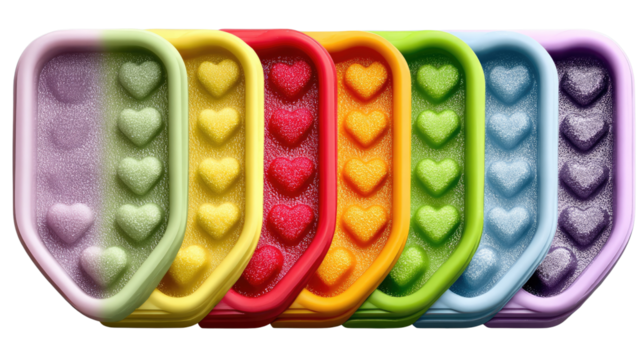 Colorful Heart-Shaped Ice Pops: Vibrant, heart-shaped ice pops arranged in a delightful row, embodying sweetness and refreshment. Perfect for summer fun.