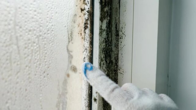 Person in gloves inspecting mold growth on windowsill