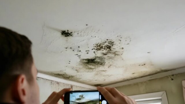 Man taking photo of mold on ceiling with phone