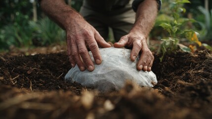 Medium shot highlighting hands placing biodegradable diapers into a compost dome sharp focus on the process softly blurred surroundings illustrate carbonneutral waste management