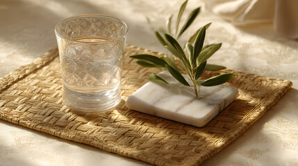 Elegant still life with water glass, olive branch, and natural textures in warm light. Serene simplicity.