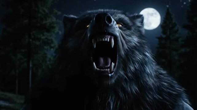 Metamorphosis of a man turning into a terrifying werewolf under full moon