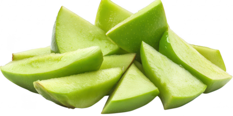 Pile of sliced green fruit wedges on transparent png background