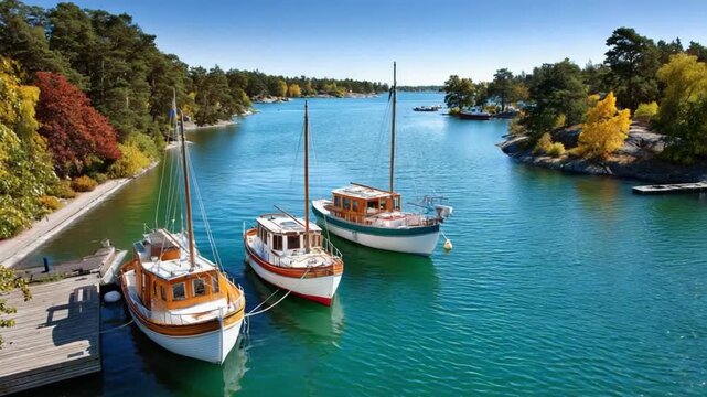 Serene Boats on Emerald Waters: A picturesque view of three vintage sailboats gracefully moored on serene turquoise waters framed by lush greenery under a brilliant sky.