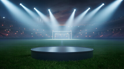Empty soccer stadium at night with bright spotlights and a central stage