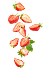 Fresh juicy strawberries falling against white background