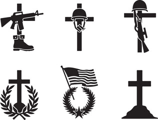 Honoring fallen soldiers symbols cross helmet flag laurel wreath military boot