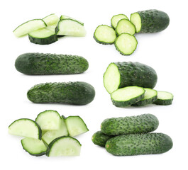 Fresh cucumbers isolated on white, set. Whole and sliced