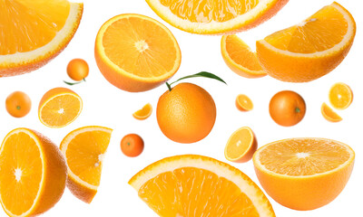 Fresh oranges swirling in air against white background. Citrus fruit