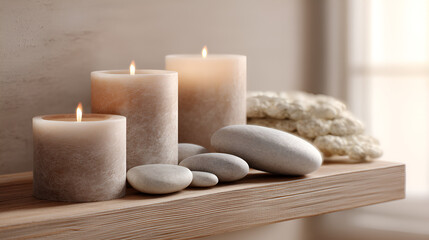 Spa candles and stones create calming ambiance for wellness and relaxation on a wooden shelf.