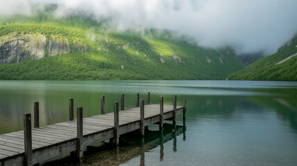 Wooden dock on a tranquil lake surrounded by misty green mountains