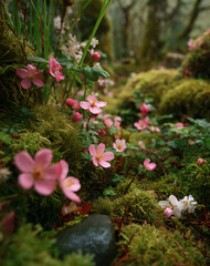 Delicate Pink Flowers Blooming Amongst Lush Green Moss in a Forest