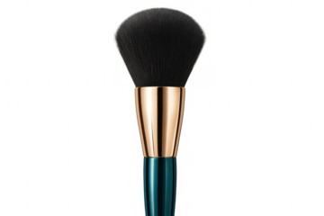 Makeup brush featuring soft black bristles, luxurious gold and teal handle, standing against transparent background, emphasizing professional cosmetic tool design
