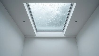 Fototapeta premium Minimalist white ceiling with skylight window covered in raindrops, serene architectural interior capturing quiet rainy atmosphere and soft natural light from above 
