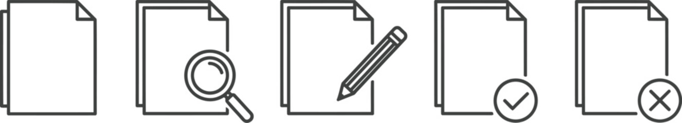 Document Icons Set - Paper Symbols with Search, Edit, Tick, and Cross Signs