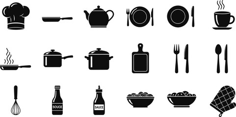 Food and drink icons vector set with cooking kitchen utensils silhouettes