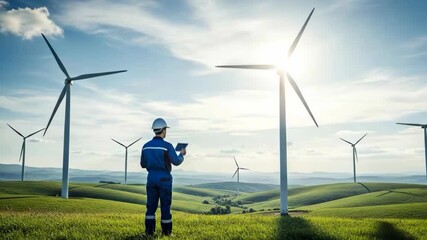 Technician Looking at a Tablet in a Wind Turbine Field - Powered by Adobe