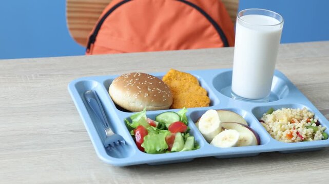 School lunch. Plastic tray with tasty food, milk and fork on wooden table, closeup. Camera moving right