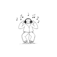 Fototapeta premium Person with headphones listening to music with musical notes floating around in a sketch style drawing