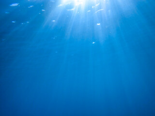 Ocean blue underwater with sunrays, Underwater Sea Deep Water Abstract Sunshine, sea wave , clean waters in summer time, Natural underwater seascape, sand on ocean floor and water surface with sunligh