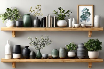 Plants and pottery displayed on wooden shelves high resolution picture