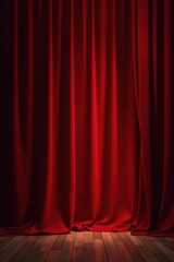 Fototapeta premium Deep red velvet curtain drawn back, stage in shadow, artistic, backdrop