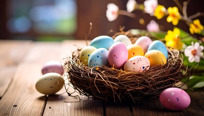 Obraz premium Colorful Easter eggs in a nest on a wooden table