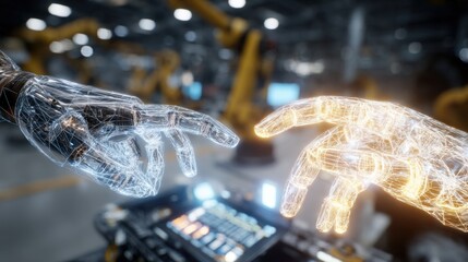 A pair of hands one human and one robotic interacting with a central console that records AI choices capturing the collaboration between human operators and artificial intelligence