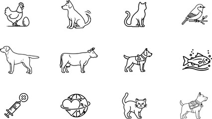 Obraz premium Explore the Diverse Icon Set: Chicken, Dog, Cat, and Wildlife Symbols for Animal-Inspired Designs