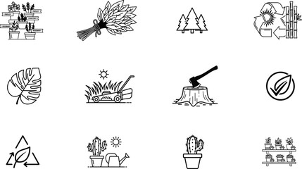 Fototapeta premium Discover the Eco-Friendly Icon Set: Plants, Trees, Recycling, and Gardening Symbols for Sustainable Design