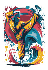 Obraz premium Dynamic Ninja Performing High Kick with Colorful Abstract Background