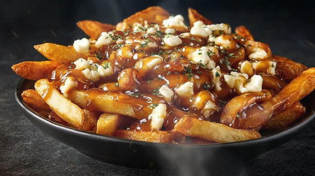 Poutine canadian food on dark background with smoke