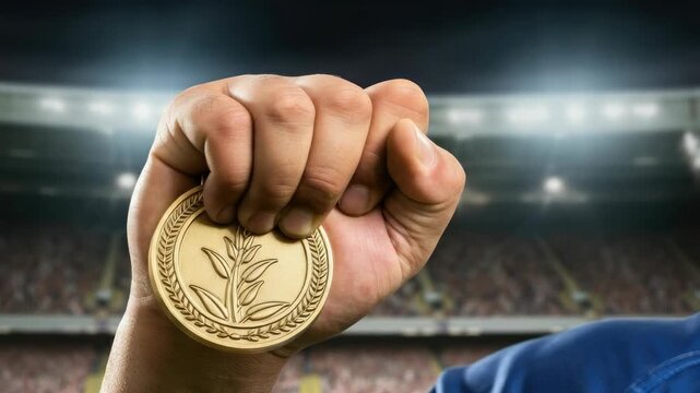 Male athlete holding gold medal in stadium setting
