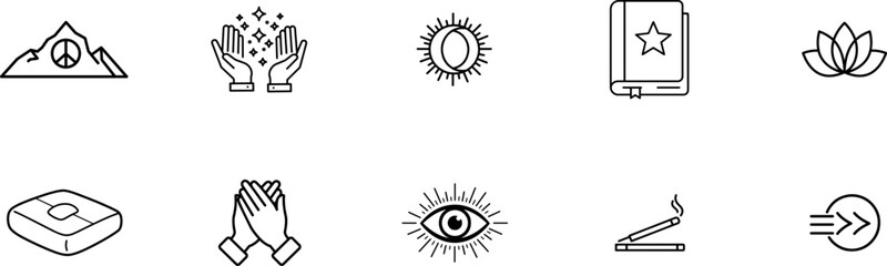 A Diverse Collection of Hand-Drawn Icons Representing Mystical, Spiritual, and Esoteric Symbolism, Covering Everything from Inner Peace and Meditation to Cosmic and Occult Practicesa