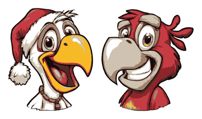 Naklejka premium Cheerful Cartoon Birds in Santa Hats, Fun Hand-Drawn Characters