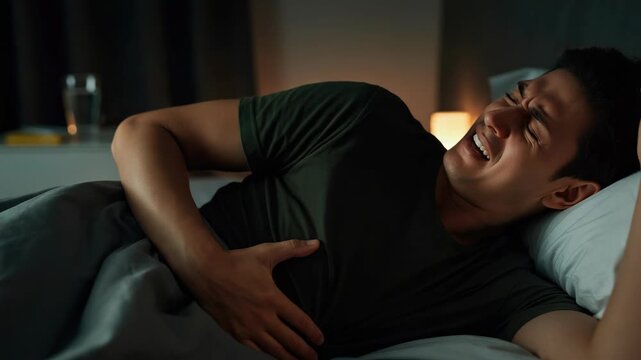 Young man experiencing stomach pain on bed at night
