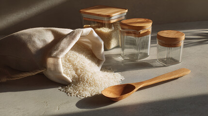 Rice spilling from a sack alongside jars and a spoon create a minimalist scene. Natural light shines on it.