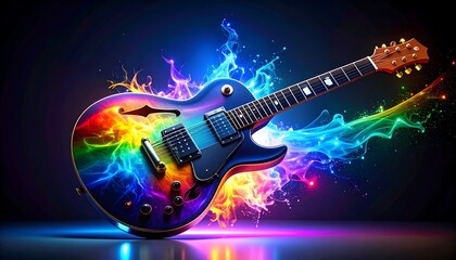 Colorful electric guitar with vibrant flames