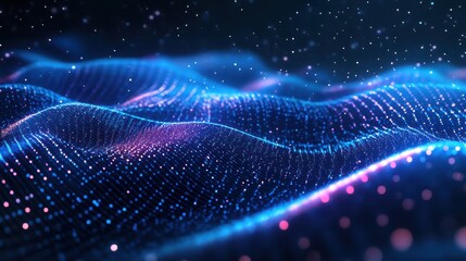 Abstract glowing blue and purple digital waveform with shimmering particles and light streaks creating a futuristic technological landscape