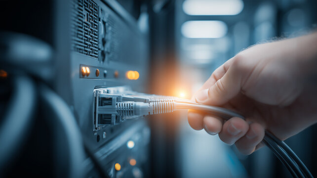 Technician secures ethernet cable into illuminated server port inside a modern data center. Highlights reliable network connectivity underpinning high speed communication for today’s digital world.