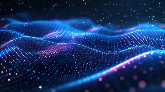 Abstract glowing blue and purple digital waveform with shimmering particles and light streaks creating a futuristic technological landscape