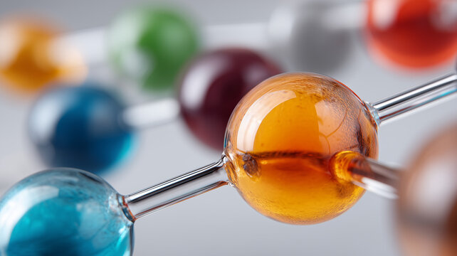 Vibrant multicolored glass molecules link together in a lively structural dance.
Symbolizes diversity creativity and dynamic collaboration within modern chemical science.