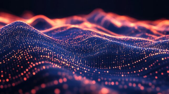 Abstract glowing digital landscape with flowing lines of light and data points creating a futuristic vibrant and energetic technological terrain