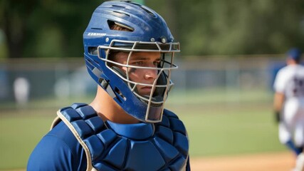 Male catcher adjusting helmet during baseball game - Powered by Adobe