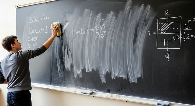 Male Student Erasing a Chalkboard in a Classroom with Mathematical Equations - Powered by Adobe